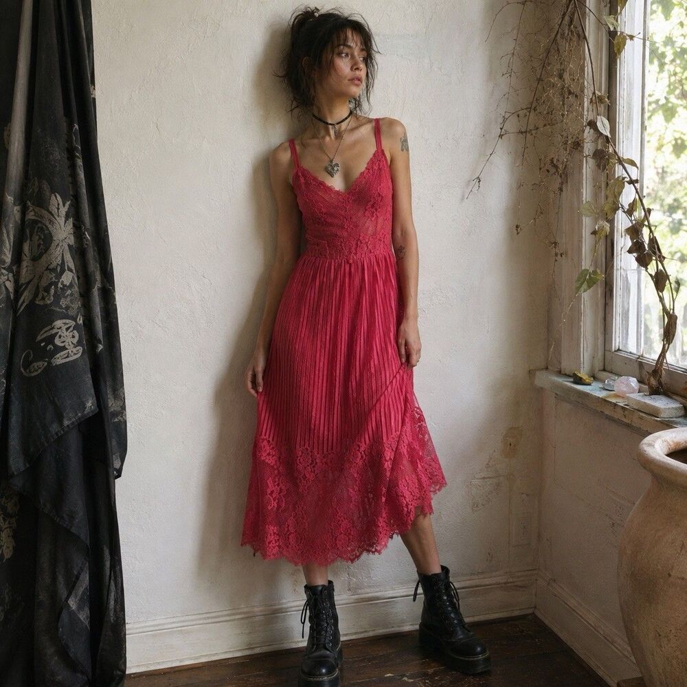 Only Hearts NYC Lace Midi Dress M Raspberry Red Sheer Stripe Made USA Y2K Fairy